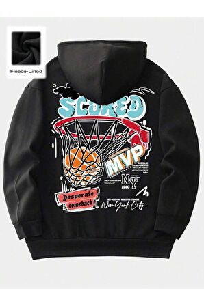 Unisex Scored MVP Baskılı Kapüşonlu Siyah Sweatshirt