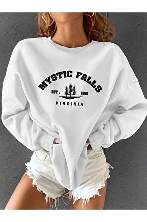 Unisex Mystic Falls Baskılı Beyaz Bisiklet Yaka Sweatshirt