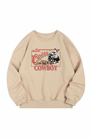 Unisex Cowboy Baskılı Bej Bisiklet Yaka Sweatshirt