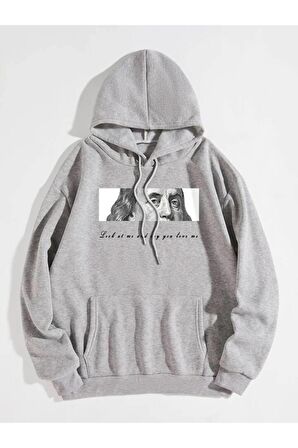 Unisex Say You Love Me Baskılı Kapüşonlu Gri Sweatshirt