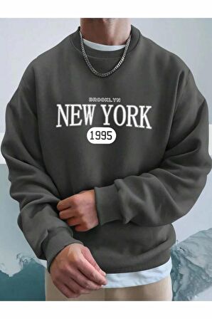 Unisex New York Baskılı Haki Bisiklet Yaka Sweatshirt