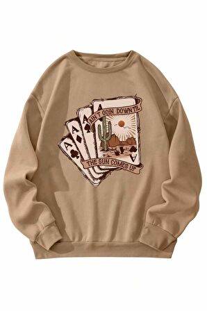 Unisex Oyun Kartı Baskılı Bej Bisiklet Yaka Sweatshirt