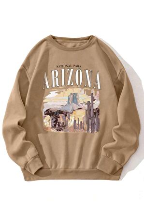 Unisex Arizona Baskılı Bej Bisiklet Yaka Sweatshirt