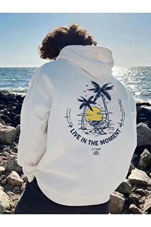 Unisex Live In The Moment Baskılı Kapüşonlu Beyaz Sweatshirt