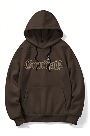 Unisex Guardian Baskılı Kapüşonlu Kahverengi Sweatshirt