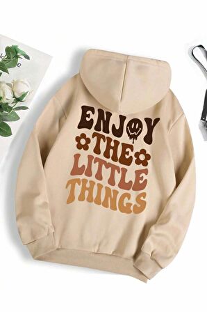 Unisex Enjoy The Little Things Baskılı Kapüşonlu Krem Sweatshirt