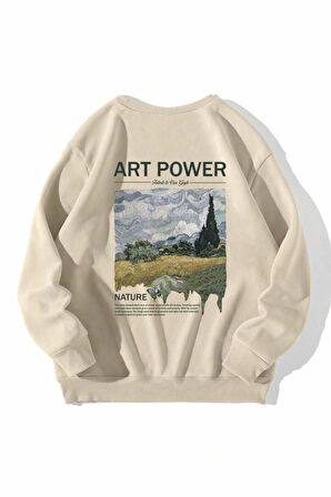 Unisex Art Power Baskılı Krem Bisiklet Yaka Sweatshirt