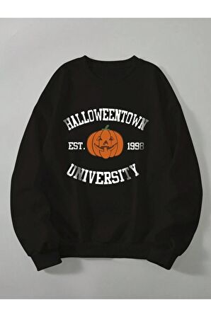 Unisex Halloween Baskılı Siyah Bisiklet Yaka Sweatshirt