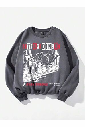 Unisex Extra Ordinary Baskılı Gri Bisiklet Yaka Sweatshirt