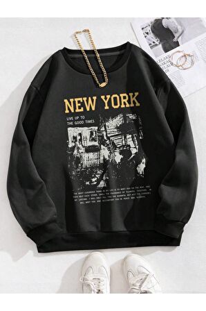 Unisex New York Baskılı Siyah Bisiklet Yaka Sweatshirt