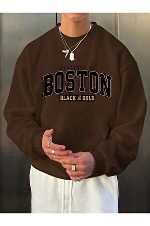 Unisex Boston Baskılı Kahverengi Bisiklet Yaka Sweatshirt