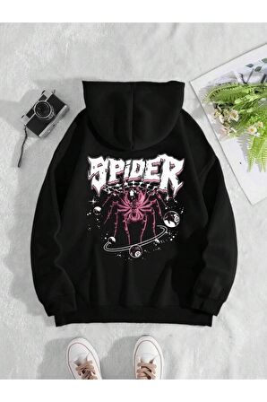 Unisex Spider Baskılı Kapüşonlu Siyah Sweatshirt