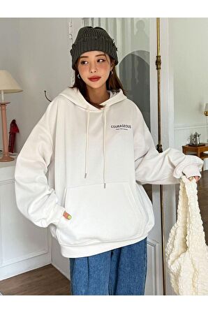 Unisex Courageous Baskılı Kapüşonlu Krem Sweatshirt