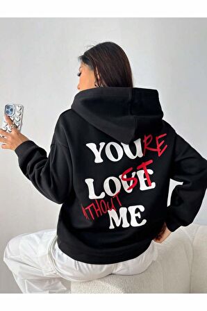 Unisex You Love Me Baskılı Kapüşonlu Siyah Sweatshirt