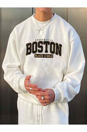 Unisex Boston Baskılı Krem Bisiklet Yaka Sweatshirt
