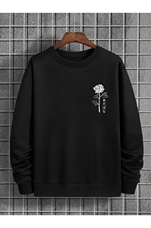 Unisex Gül Baskılı Siyah Bisiklet Yaka Sweatshirt