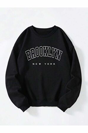 Unisex Brooklyn Baskılı Siyah Bisiklet Yaka Sweatshirt