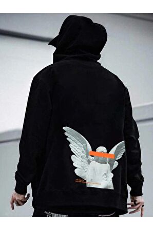Unisex Melek Baskılı Kapüşonlu Siyah Sweatshirt