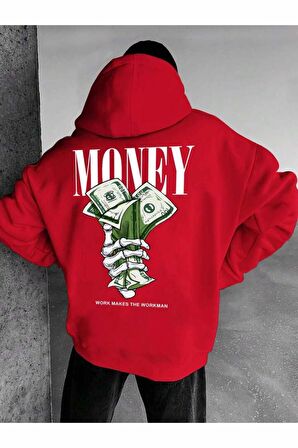 Unisex Money Baskılı Kapüşonlu Kırmızı Sweatshirt