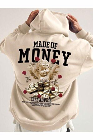 Unisex Money Baskılı Kapüşonlu Krem Sweatshirt