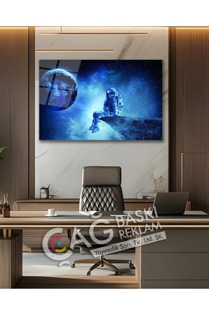 Dünya Uzay Astronot Göz Alıcı Şık Cam Tablo Modern Ev Ofis Salon Duvar Oda Dekoru Hediyelik