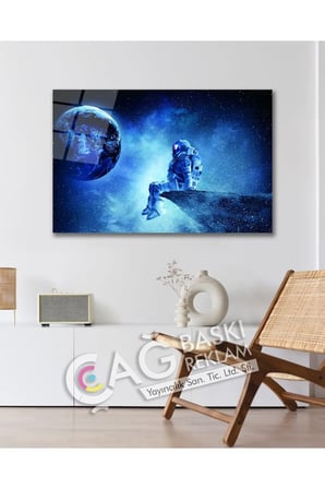 Dünya Uzay Astronot Göz Alıcı Şık Cam Tablo Modern Ev Ofis Salon Duvar Oda Dekoru Hediyelik