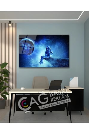 Dünya Uzay Astronot Göz Alıcı Şık Cam Tablo Modern Ev Ofis Salon Duvar Oda Dekoru Hediyelik