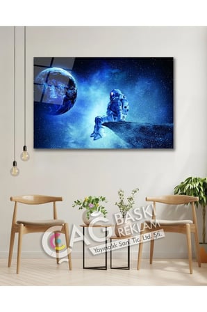 Dünya Uzay Astronot Göz Alıcı Şık Cam Tablo Modern Ev Ofis Salon Duvar Oda Dekoru Hediyelik