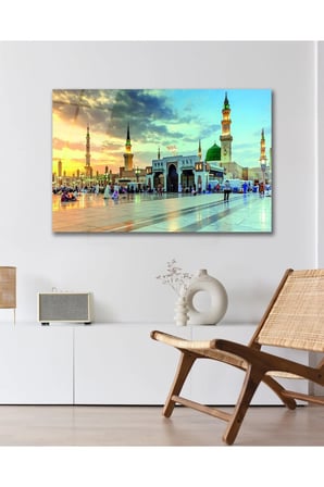 Medine Mescid-i Nebevi İslam Dini Cam Tablo Modern Ev Ofis Salon Oda Duvar Dekoru Hediyelik