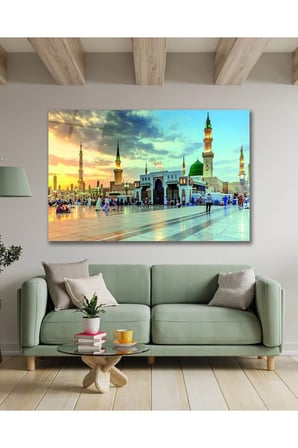 Medine Mescid-i Nebevi İslam Dini Cam Tablo Modern Ev Ofis Salon Oda Duvar Dekoru Hediyelik