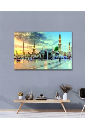 Medine Mescid-i Nebevi İslam Dini Cam Tablo Modern Ev Ofis Salon Oda Duvar Dekoru Hediyelik
