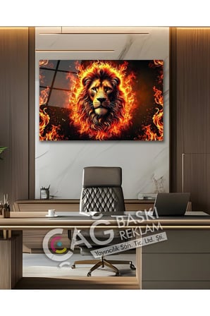 Aslan Kral Avcı Yırtıcı Alev Ateş Cam Tablo Modern Ev Ofis Salon Duvar Oda Dekoru Hediyelik