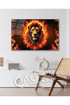 Aslan Kral Avcı Yırtıcı Alev Ateş Cam Tablo Modern Ev Ofis Salon Duvar Oda Dekoru Hediyelik