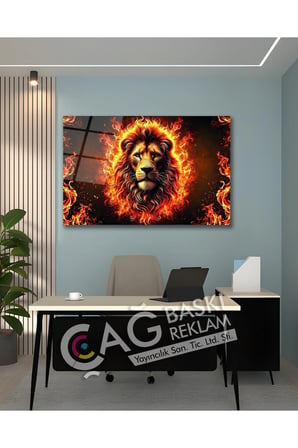 Aslan Kral Avcı Yırtıcı Alev Ateş Cam Tablo Modern Ev Ofis Salon Duvar Oda Dekoru Hediyelik