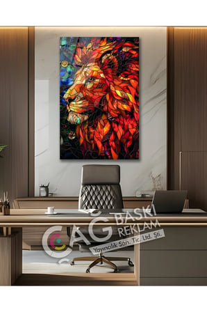 Aslan Kral Avcı Yırtıcı Vitray Görünüm Cam Tablo Modern Ev Ofis Salon Duvar Oda Dekoru Hediyelik
