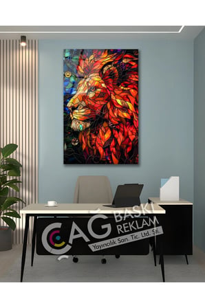 Aslan Kral Avcı Yırtıcı Vitray Görünüm Cam Tablo Modern Ev Ofis Salon Duvar Oda Dekoru Hediyelik