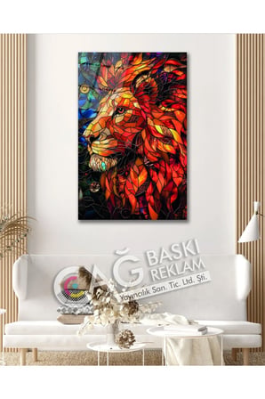Aslan Kral Avcı Yırtıcı Vitray Görünüm Cam Tablo Modern Ev Ofis Salon Duvar Oda Dekoru Hediyelik