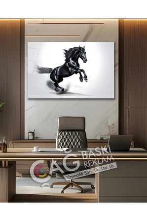At Siyah Göz Alıcı Estetik Şık Cam Tablo Modern Ev Ofis Salon Duvar Oda Dekoru Hediyelik