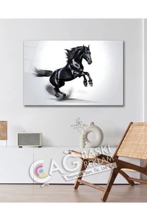 At Siyah Göz Alıcı Estetik Şık Cam Tablo Modern Ev Ofis Salon Duvar Oda Dekoru Hediyelik