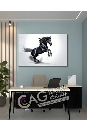 At Siyah Göz Alıcı Estetik Şık Cam Tablo Modern Ev Ofis Salon Duvar Oda Dekoru Hediyelik