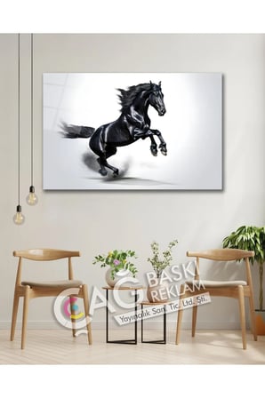 At Siyah Göz Alıcı Estetik Şık Cam Tablo Modern Ev Ofis Salon Duvar Oda Dekoru Hediyelik