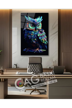 Baykuş Bilge Göz Alıcı Estetik Şık Cam Tablo Modern Ev Ofis Salon Duvar Oda Dekoru Hediyelik