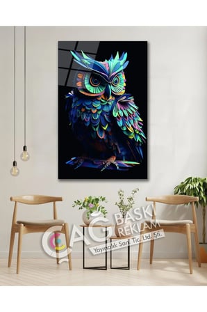 Baykuş Bilge Göz Alıcı Estetik Şık Cam Tablo Modern Ev Ofis Salon Duvar Oda Dekoru Hediyelik
