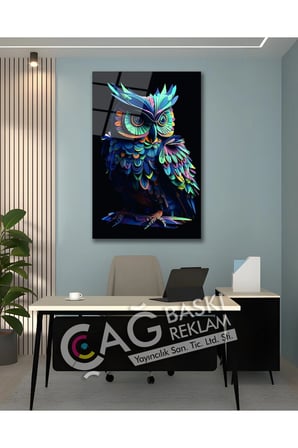 Baykuş Bilge Göz Alıcı Estetik Şık Cam Tablo Modern Ev Ofis Salon Duvar Oda Dekoru Hediyelik