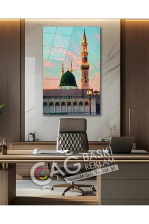 Medine Mescid-i Nebevi İslam Dini Cam Tablo Modern Ev Ofis Salon Oda Duvar Dekoru Hediyelik