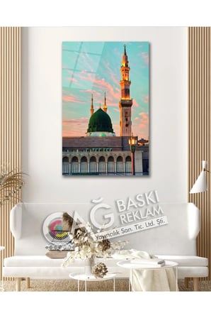 Medine Mescid-i Nebevi İslam Dini Cam Tablo Modern Ev Ofis Salon Oda Duvar Dekoru Hediyelik