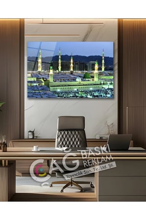 Medine Mescid-i Nebevi İslam Dini Cam Tablo Modern Ev Ofis Salon Oda Duvar Dekoru Hediyelik