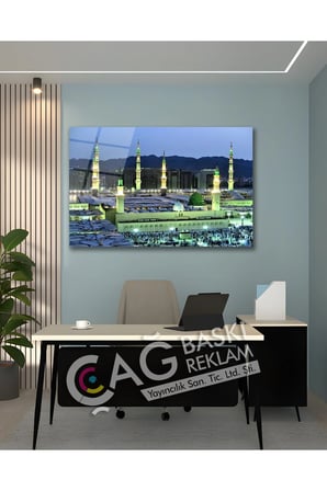 Medine Mescid-i Nebevi İslam Dini Cam Tablo Modern Ev Ofis Salon Oda Duvar Dekoru Hediyelik