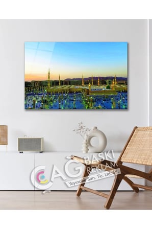Medine Mescid-i Nebevi İslam Dini Cam Tablo Modern Ev Ofis Salon Oda Duvar Dekoru Hediyelik