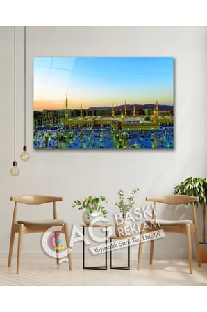 Medine Mescid-i Nebevi İslam Dini Cam Tablo Modern Ev Ofis Salon Oda Duvar Dekoru Hediyelik
